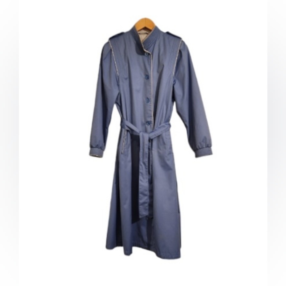 Vintage Blue Trench Coat with White Trim/Piping Fully Lined